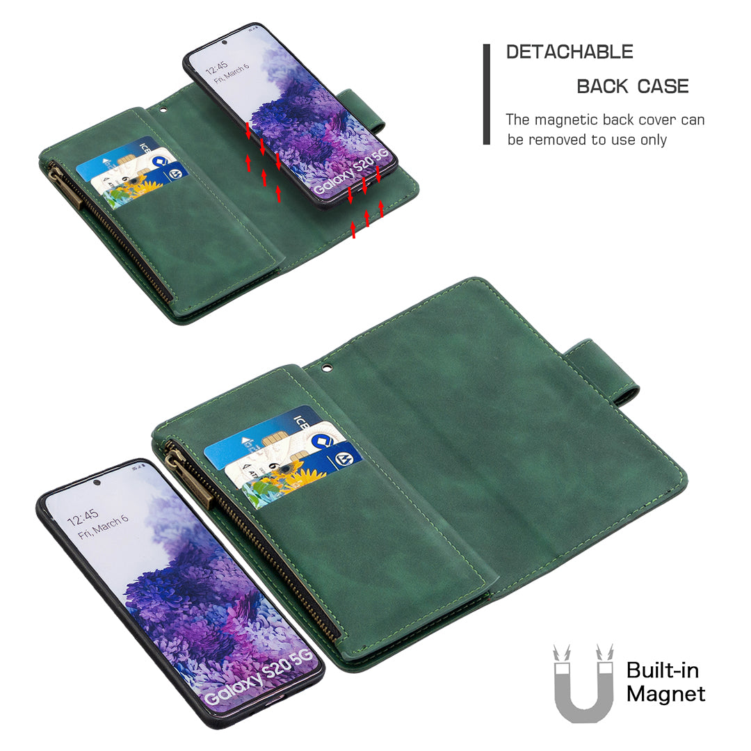 Zipper Pocket Detachable 2-in-1 Leather Wallet Stand Phone Case for Samsung Galaxy S20 4G/S20 5G - Green