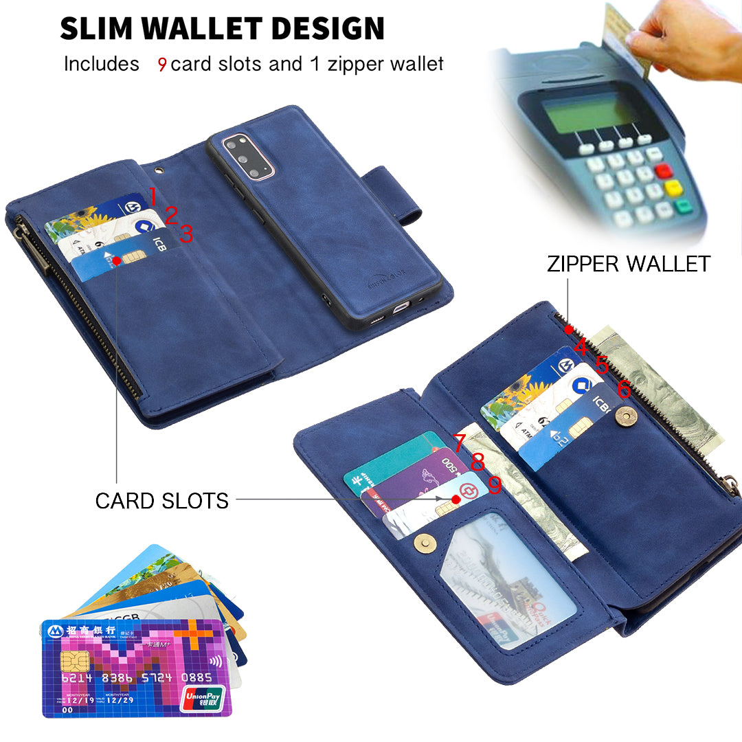 Zipper Pocket Detachable 2-in-1 Leather Wallet Stand Phone Case for Samsung Galaxy S20 4G/S20 5G - Blue