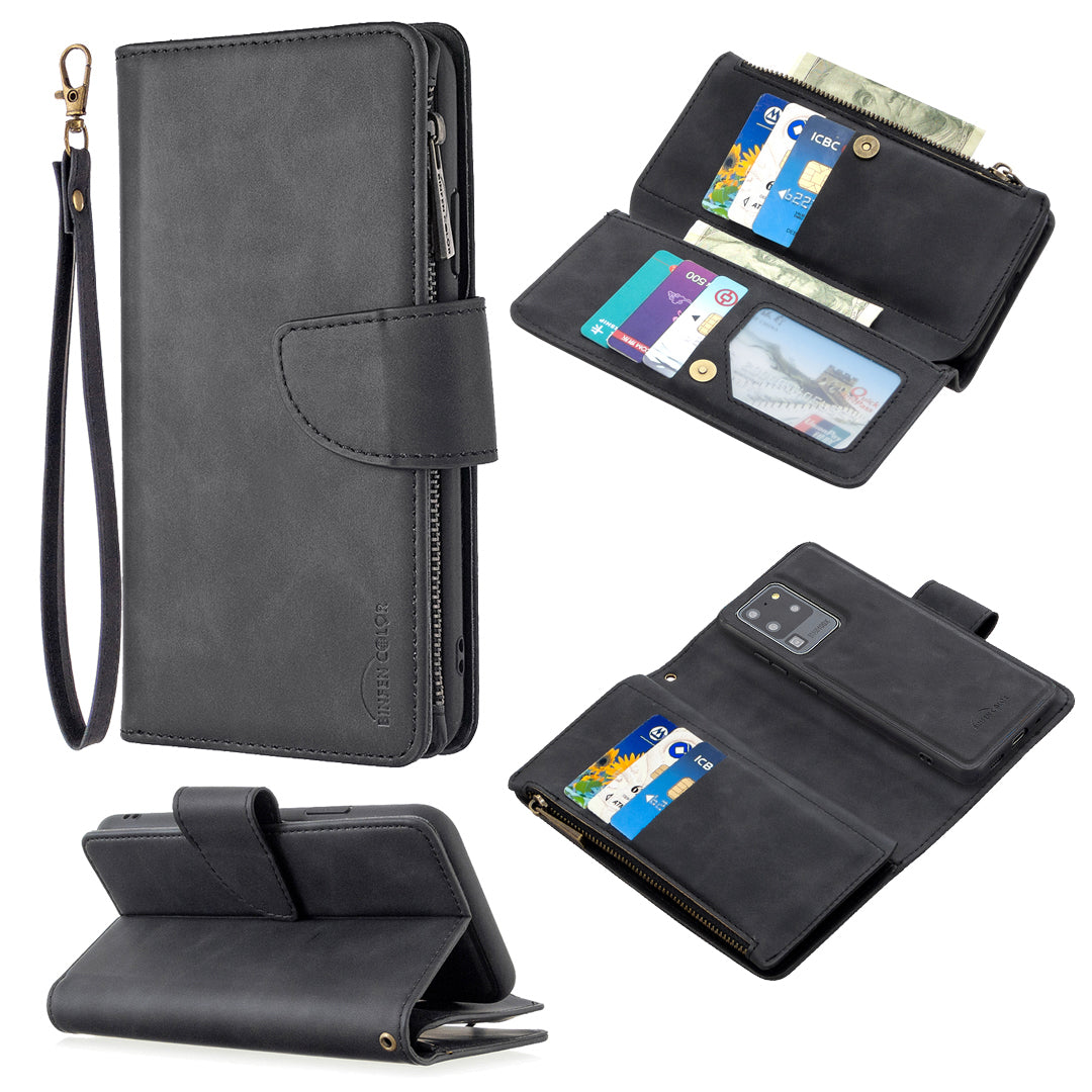 Zipper Pocket Detachable 2-in-1 Leather Wallet Stand Phone Cover for Samsung Galaxy S20 Ultra - Black