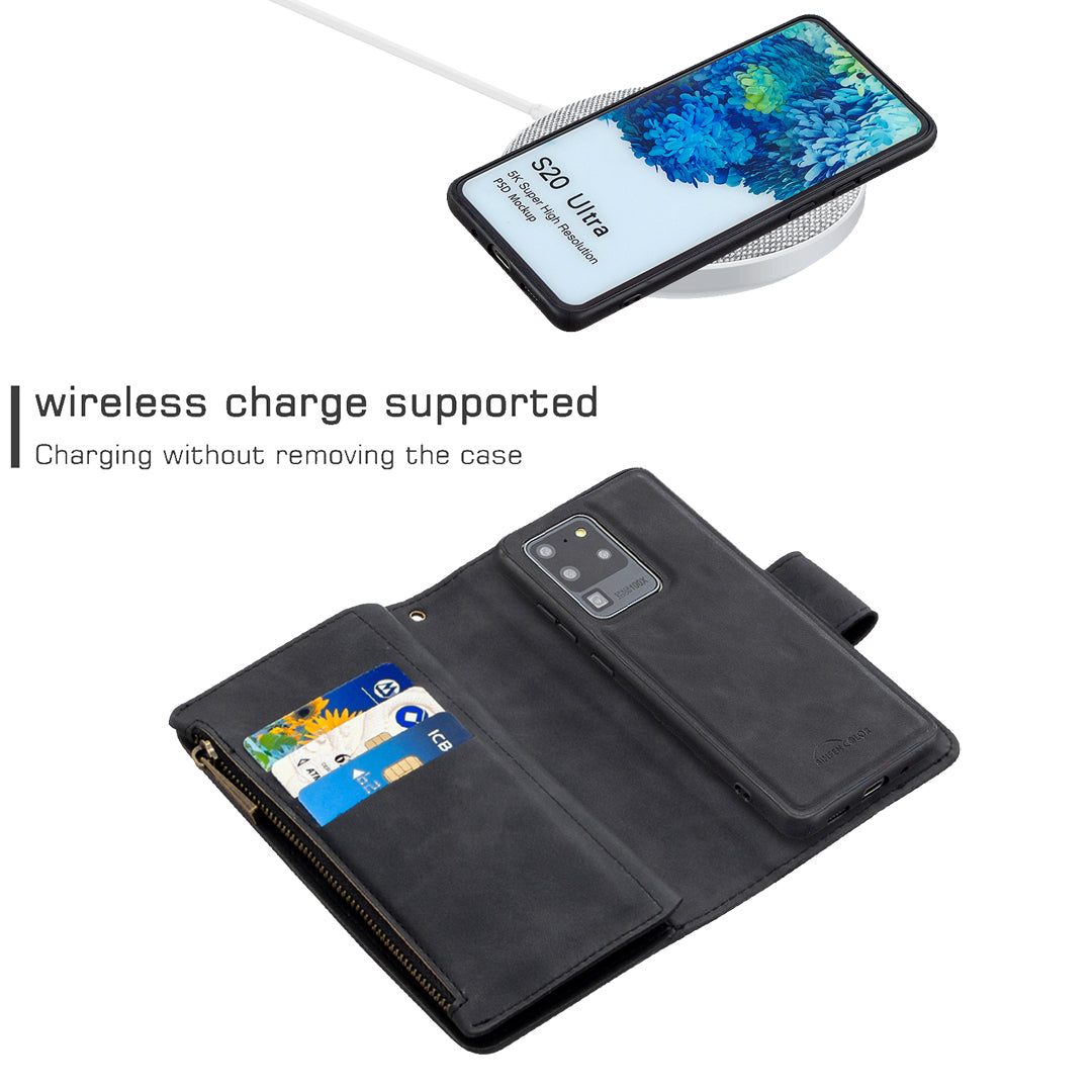 Zipper Pocket Detachable 2-in-1 Leather Wallet Stand Phone Cover for Samsung Galaxy S20 Ultra - Black