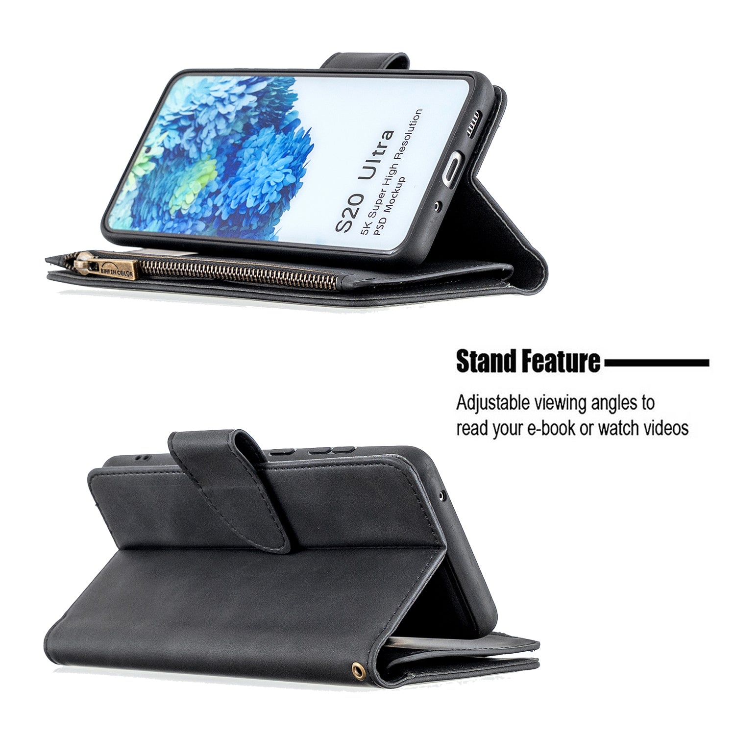 Zipper Pocket Detachable 2-in-1 Leather Wallet Stand Phone Cover for Samsung Galaxy S20 Ultra - Black