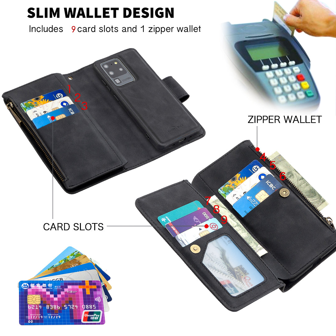 Zipper Pocket Detachable 2-in-1 Leather Wallet Stand Phone Cover for Samsung Galaxy S20 Ultra - Black