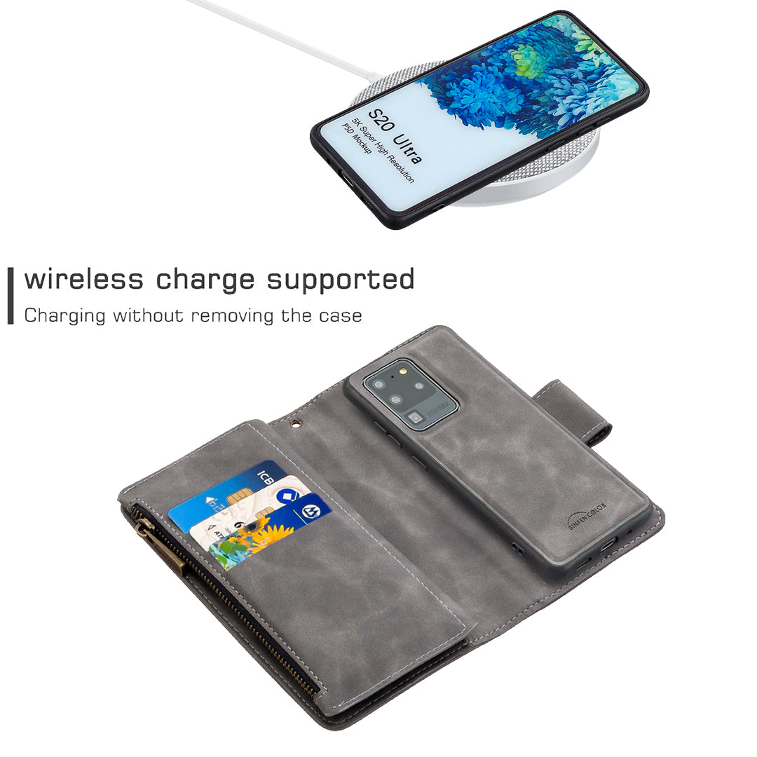 Zipper Pocket Detachable 2-in-1 Leather Wallet Stand Phone Cover for Samsung Galaxy S20 Ultra - Grey