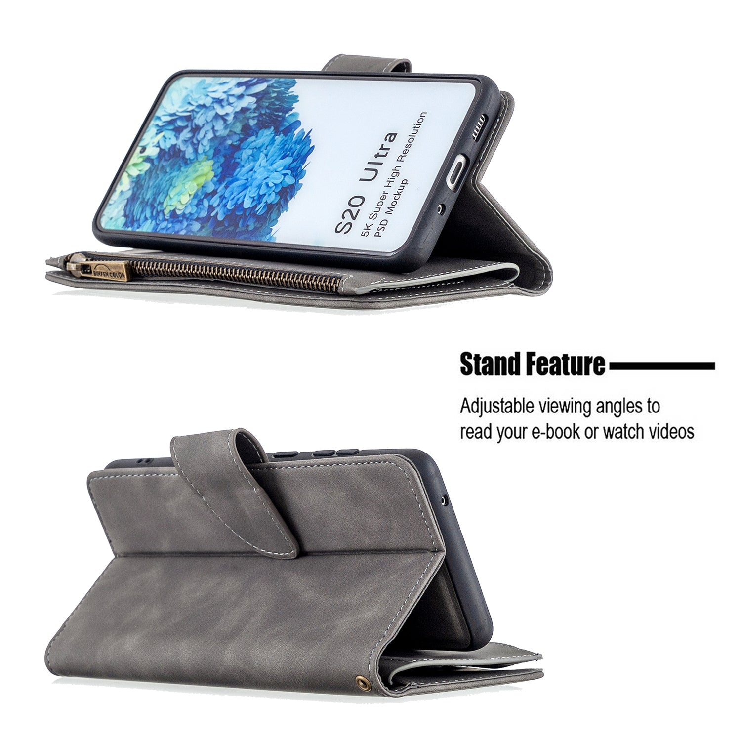 Zipper Pocket Detachable 2-in-1 Leather Wallet Stand Phone Cover for Samsung Galaxy S20 Ultra - Grey