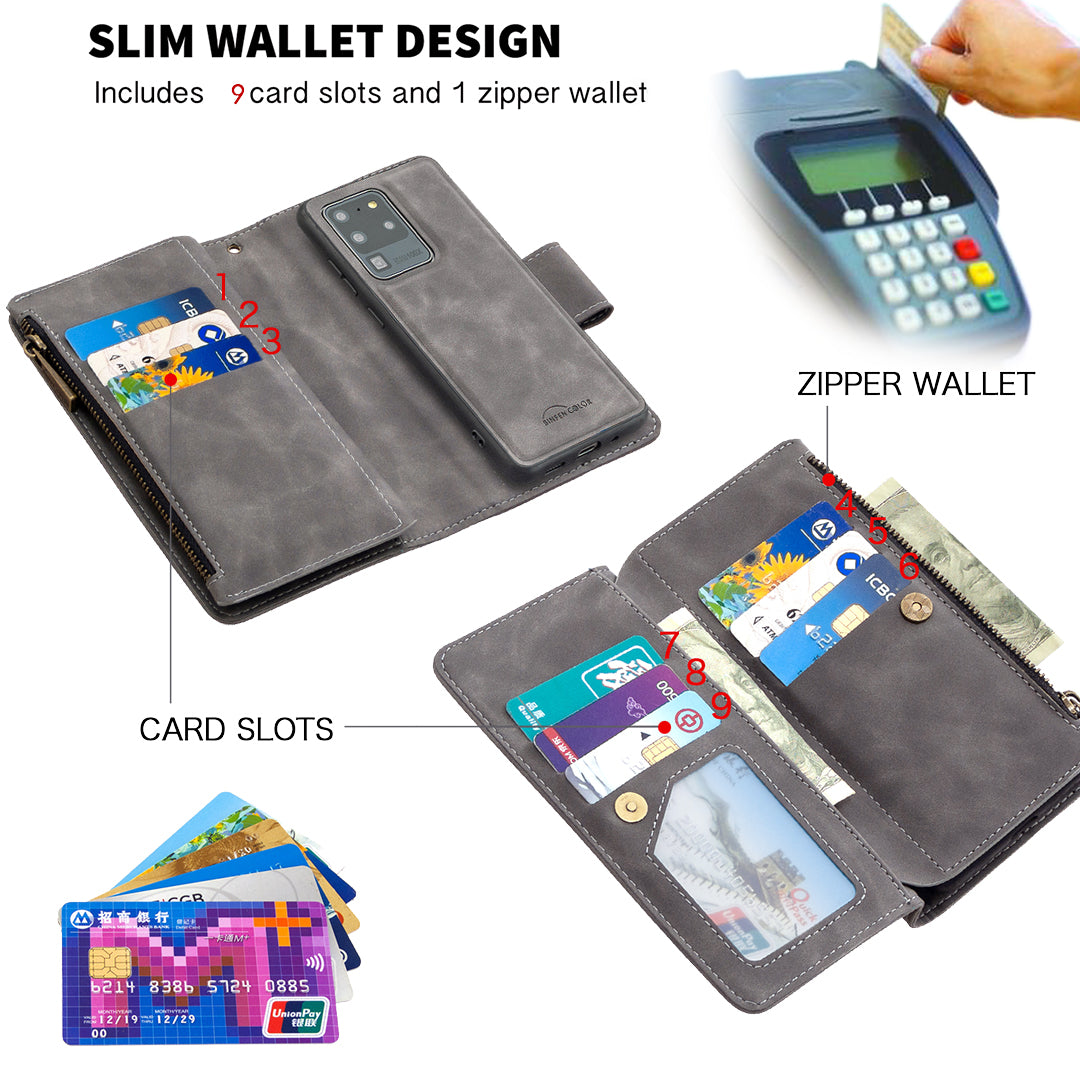 Zipper Pocket Detachable 2-in-1 Leather Wallet Stand Phone Cover for Samsung Galaxy S20 Ultra - Grey