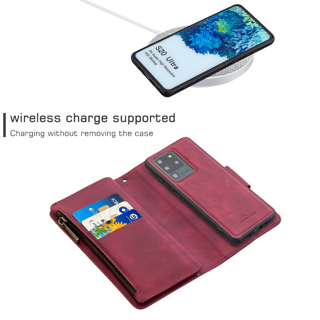 Zipper Pocket Detachable 2-in-1 Leather Wallet Stand Phone Cover for Samsung Galaxy S20 Ultra - Red