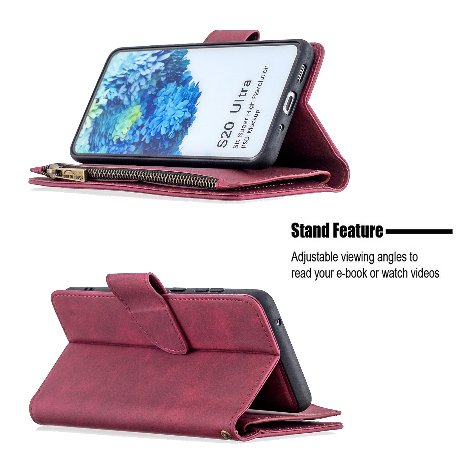 Zipper Pocket Detachable 2-in-1 Leather Wallet Stand Phone Cover for Samsung Galaxy S20 Ultra - Red