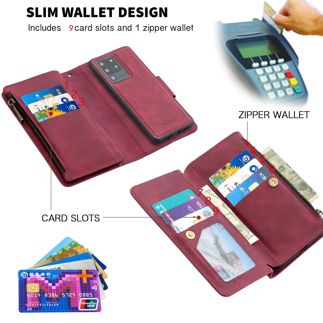 Zipper Pocket Detachable 2-in-1 Leather Wallet Stand Phone Cover for Samsung Galaxy S20 Ultra - Red