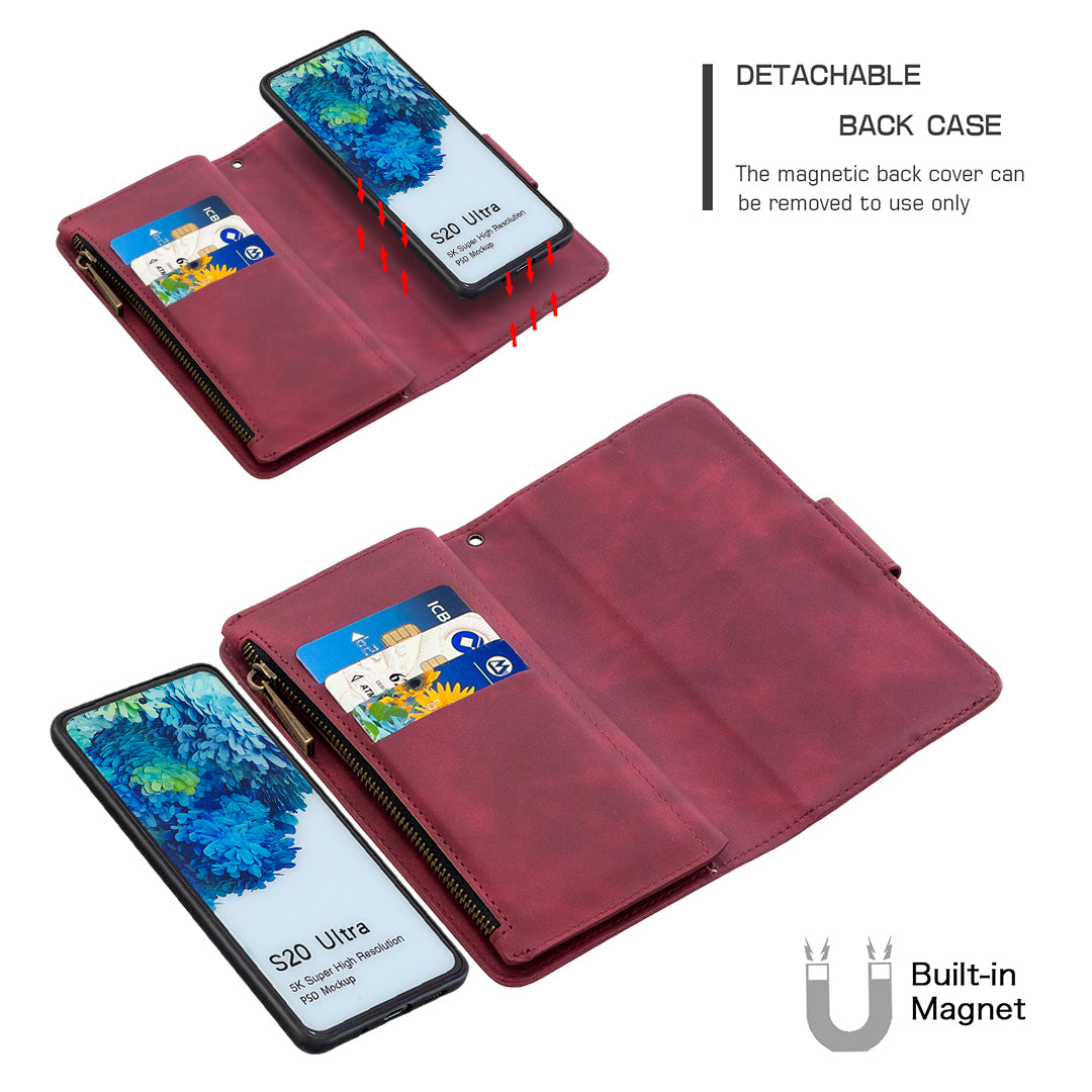 Zipper Pocket Detachable 2-in-1 Leather Wallet Stand Phone Cover for Samsung Galaxy S20 Ultra - Red