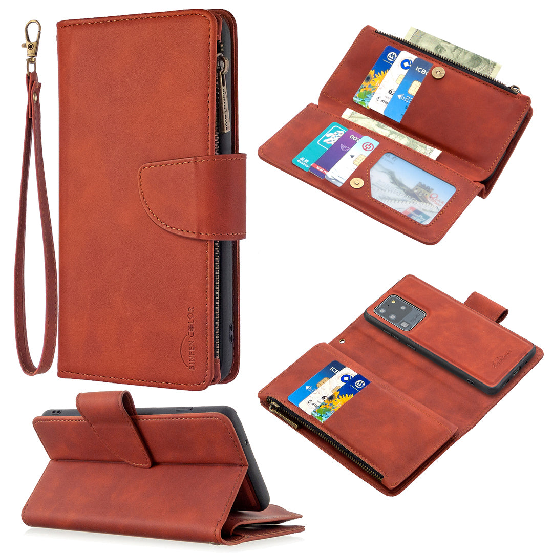 Zipper Pocket Detachable 2-in-1 Leather Wallet Stand Phone Cover for Samsung Galaxy S20 Ultra - Brown