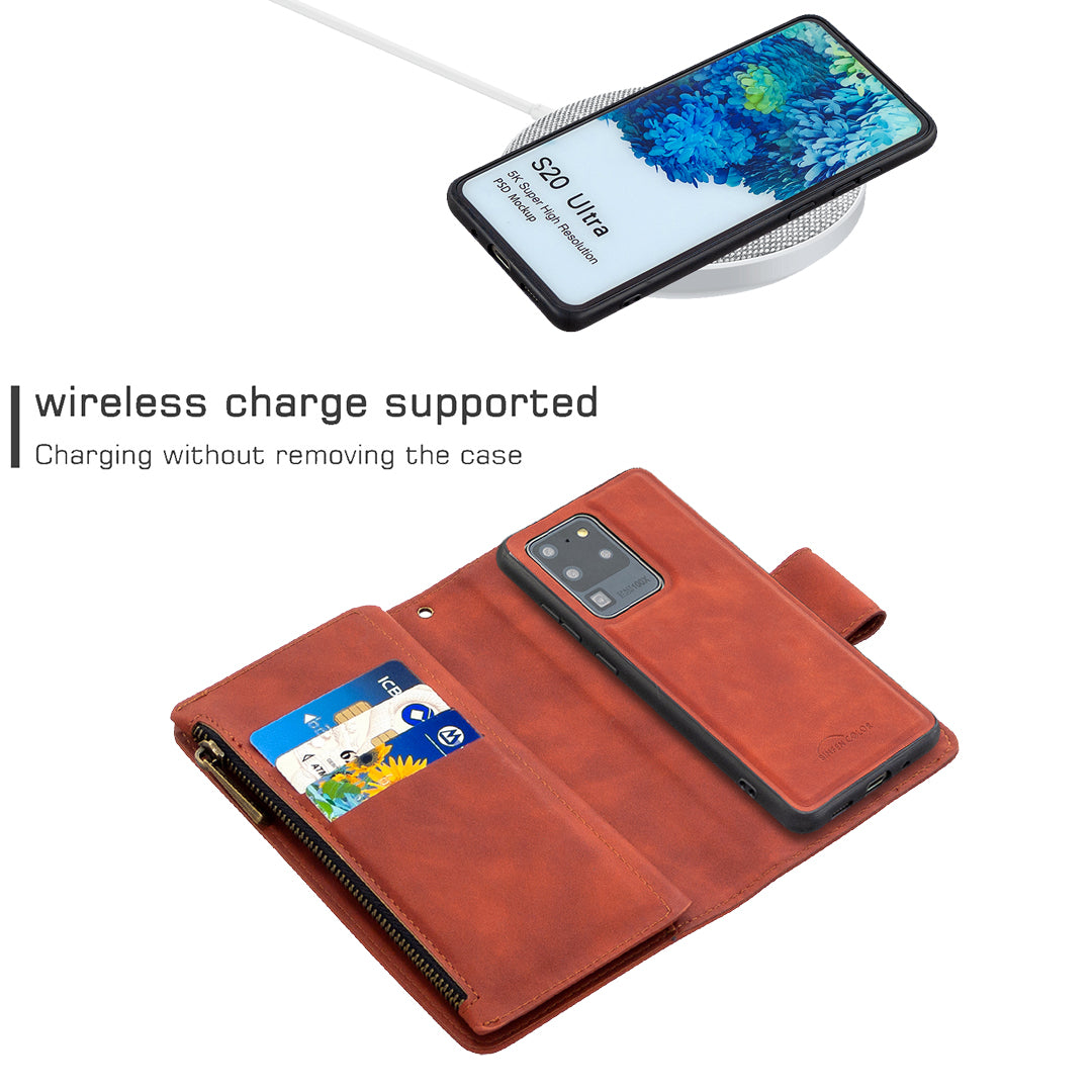 Zipper Pocket Detachable 2-in-1 Leather Wallet Stand Phone Cover for Samsung Galaxy S20 Ultra - Brown