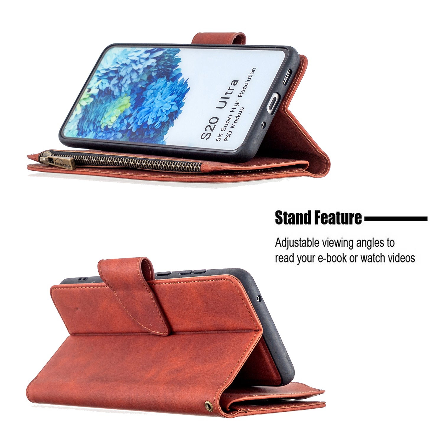 Zipper Pocket Detachable 2-in-1 Leather Wallet Stand Phone Cover for Samsung Galaxy S20 Ultra - Brown