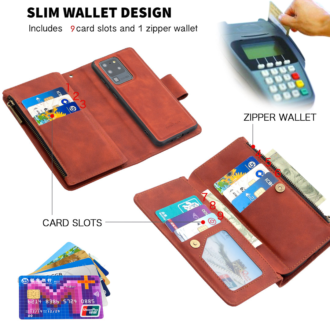 Zipper Pocket Detachable 2-in-1 Leather Wallet Stand Phone Cover for Samsung Galaxy S20 Ultra - Brown