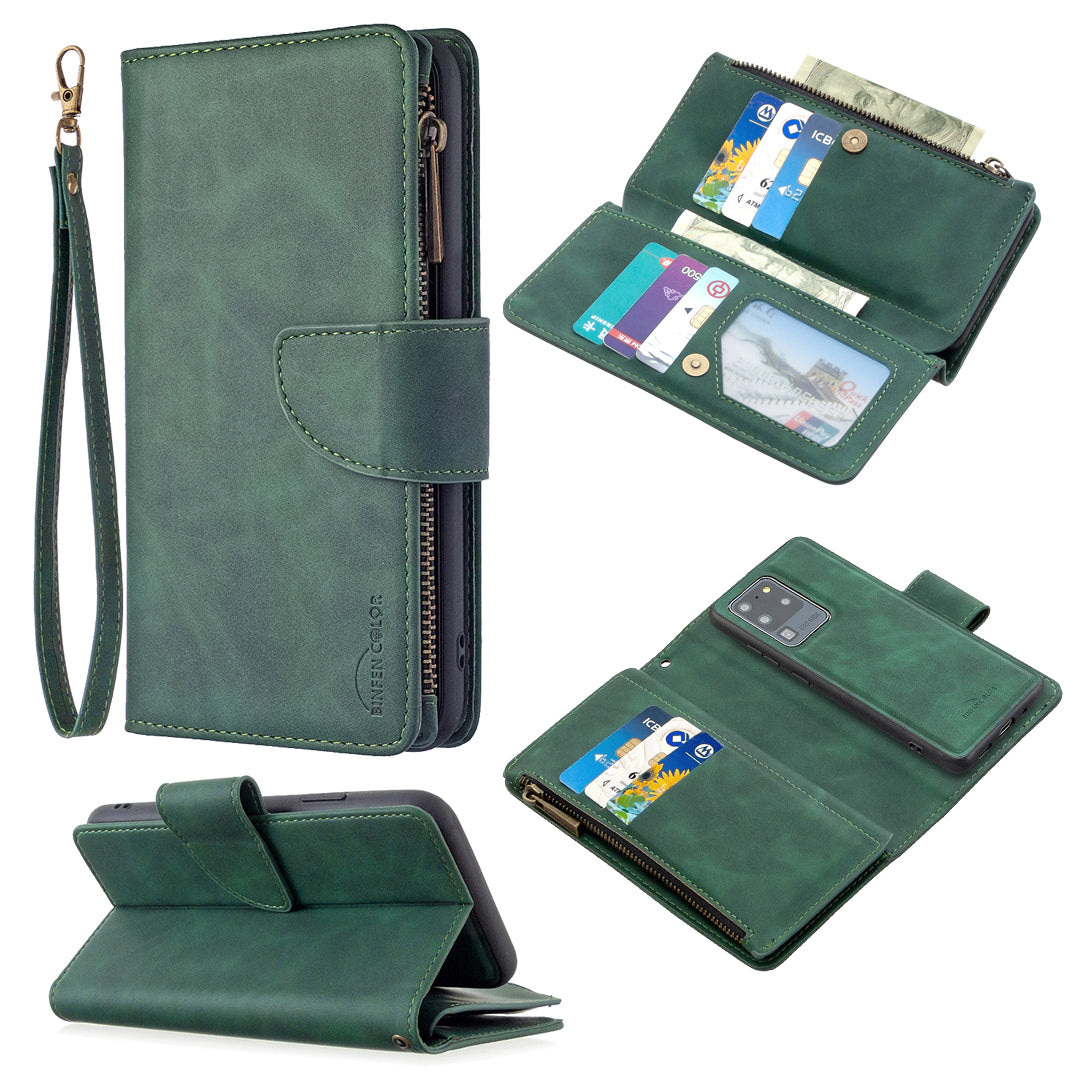 Zipper Pocket Detachable 2-in-1 Leather Wallet Stand Phone Cover for Samsung Galaxy S20 Ultra - Green