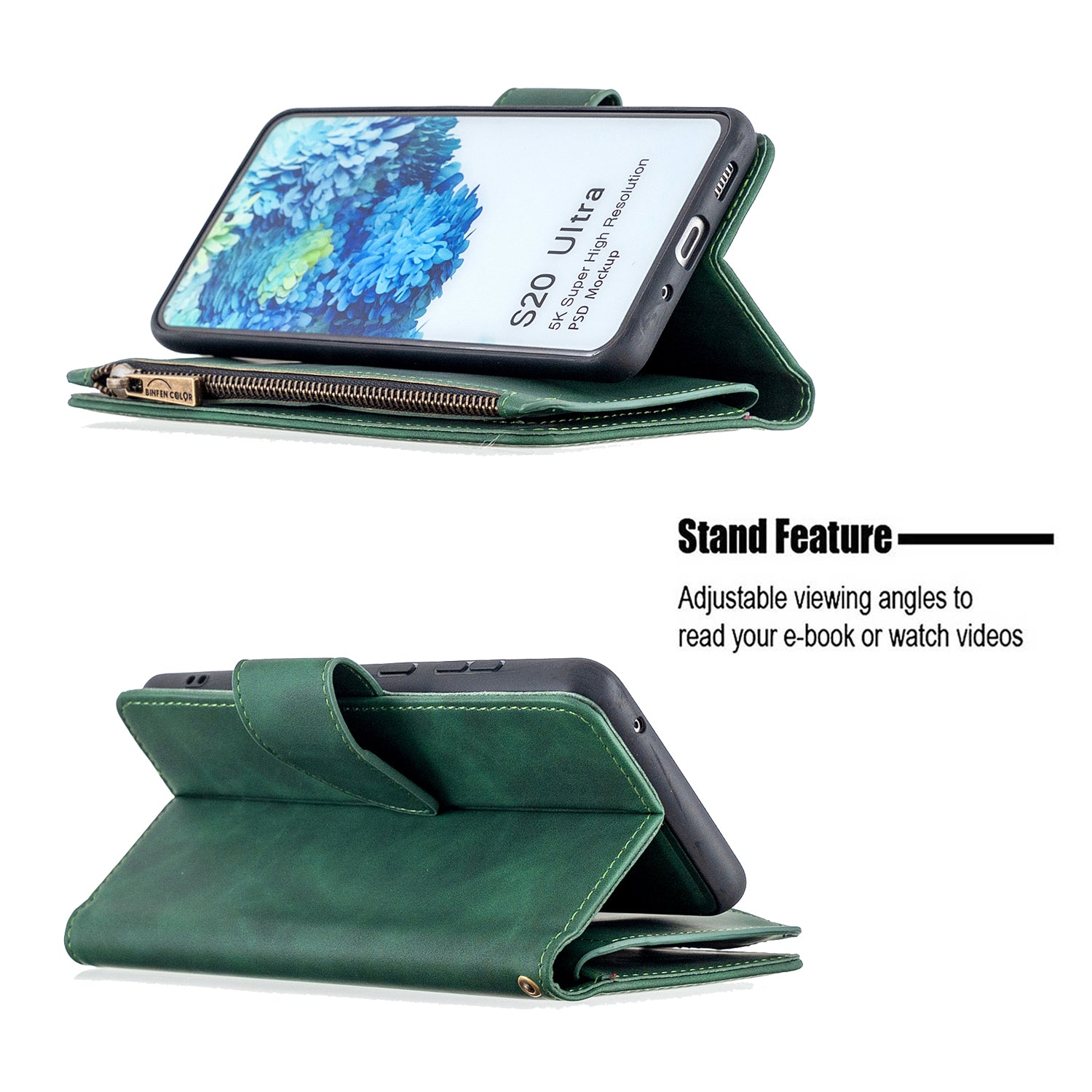 Zipper Pocket Detachable 2-in-1 Leather Wallet Stand Phone Cover for Samsung Galaxy S20 Ultra - Green