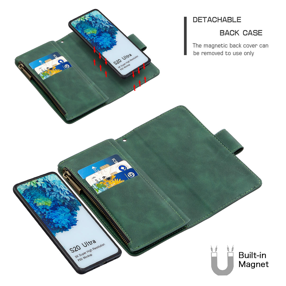 Zipper Pocket Detachable 2-in-1 Leather Wallet Stand Phone Cover for Samsung Galaxy S20 Ultra - Green