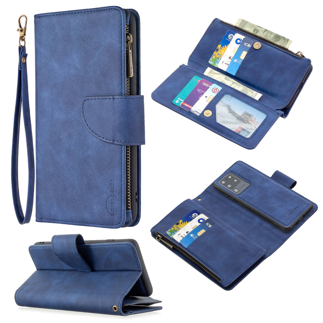 Zipper Pocket Detachable 2-in-1 Leather Wallet Stand Phone Cover for Samsung Galaxy S20 Ultra - Blue