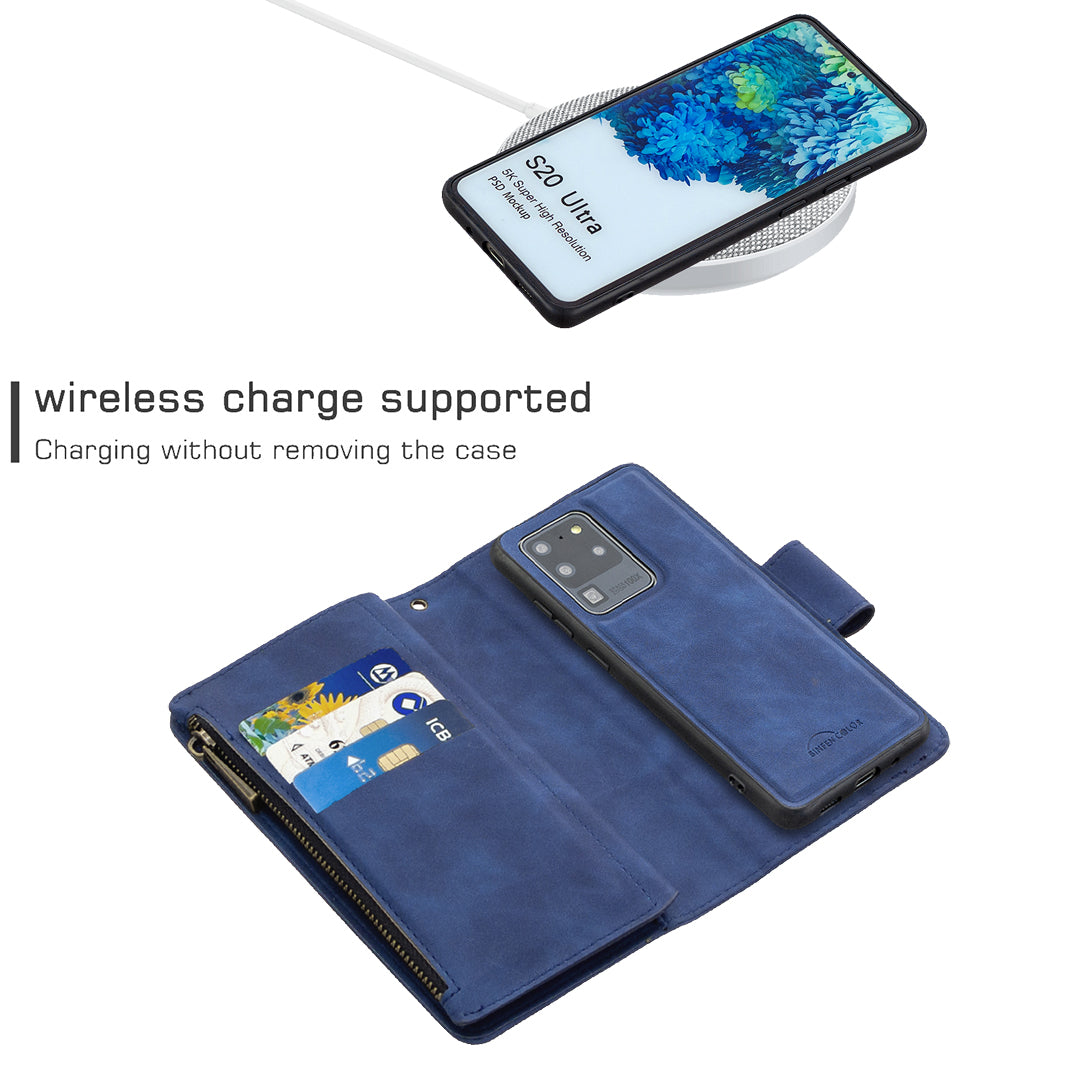 Zipper Pocket Detachable 2-in-1 Leather Wallet Stand Phone Cover for Samsung Galaxy S20 Ultra - Blue