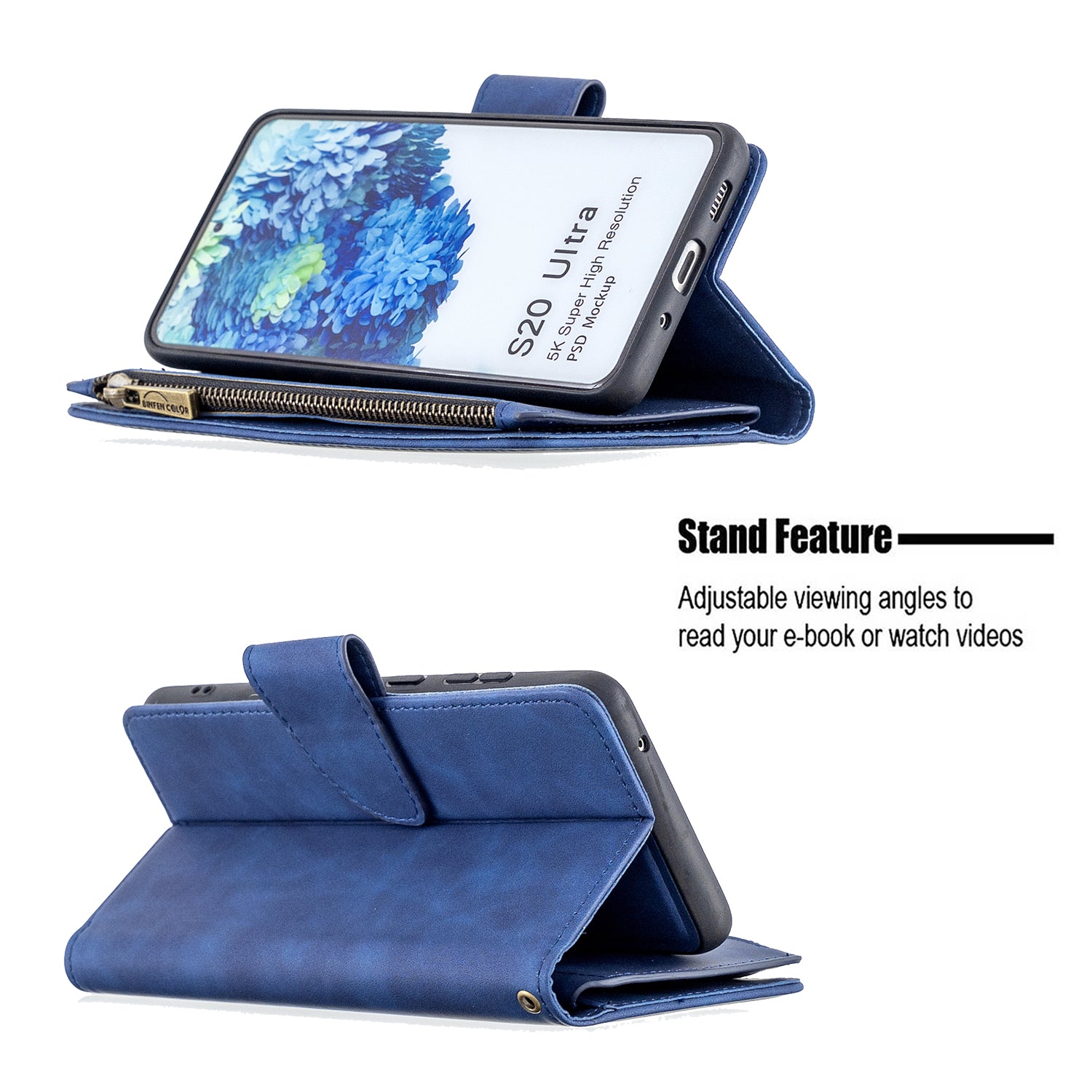 Zipper Pocket Detachable 2-in-1 Leather Wallet Stand Phone Cover for Samsung Galaxy S20 Ultra - Blue