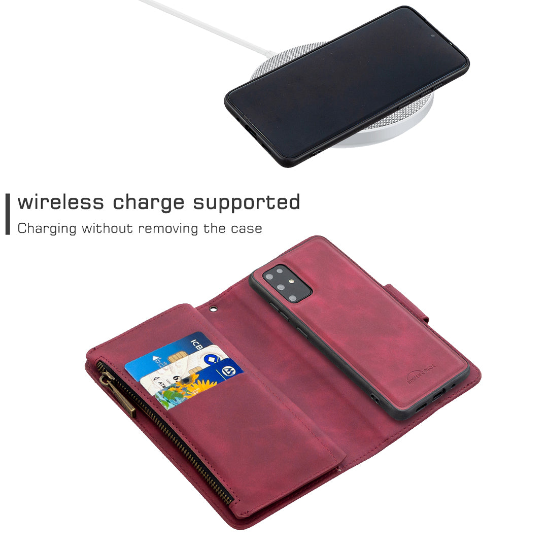 Zipper Pocket Detachable 2-in-1 Leather Wallet Stand Cell Phone Cover for Samsung Galaxy S20 Plus/S20 Plus 5G  - Red