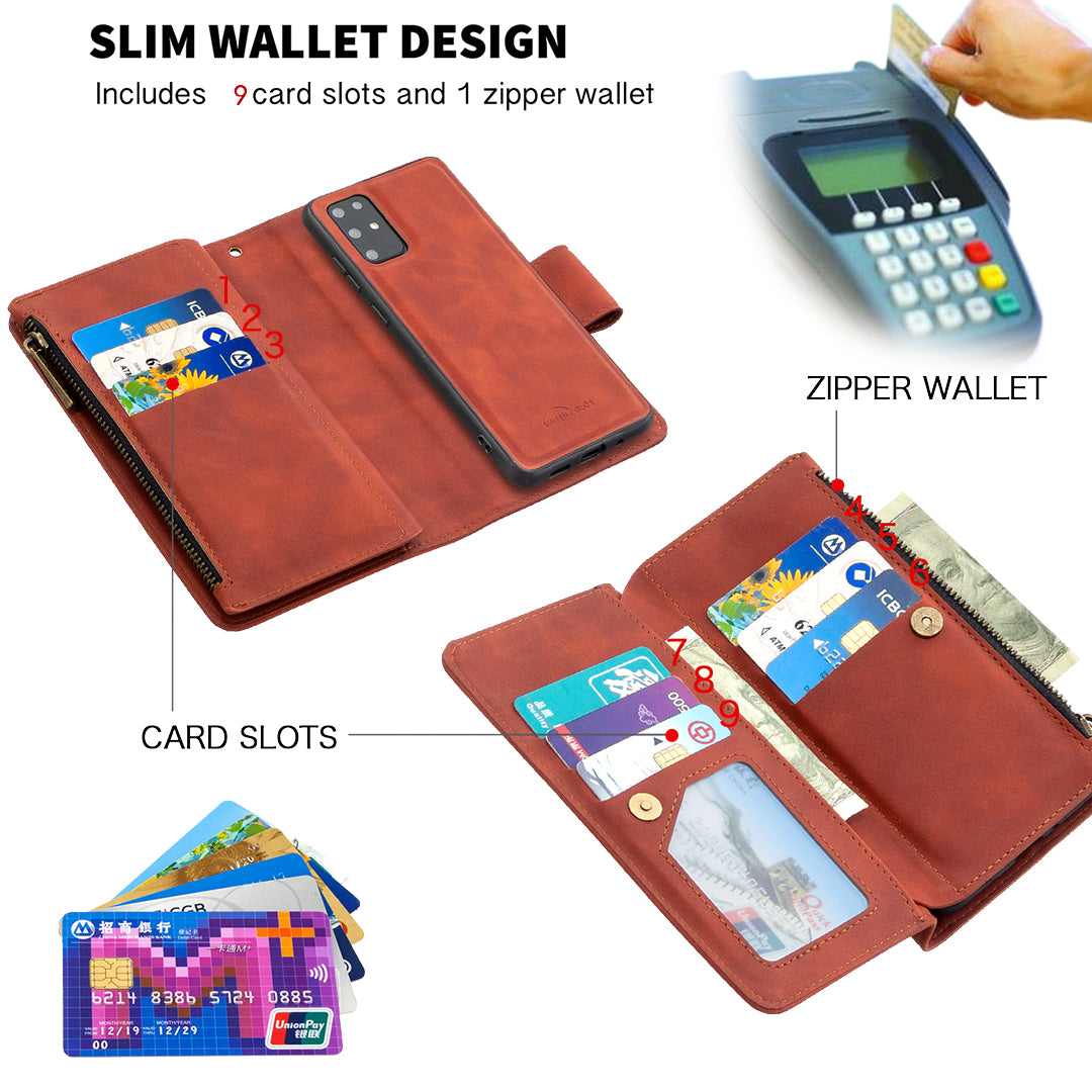 Zipper Pocket Detachable 2-in-1 Leather Wallet Stand Cell Phone Cover for Samsung Galaxy S20 Plus/S20 Plus 5G  - Brown