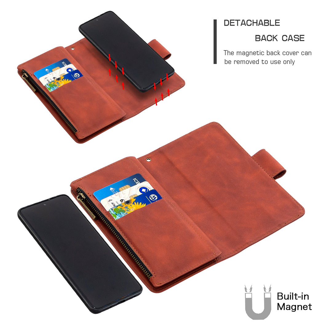 Zipper Pocket Detachable 2-in-1 Leather Wallet Stand Cell Phone Cover for Samsung Galaxy S20 Plus/S20 Plus 5G  - Brown