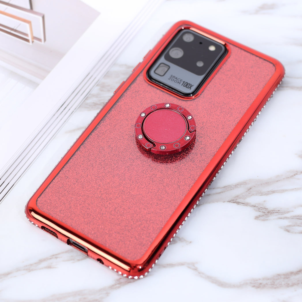 Flash Electroplating Rhinestone Decoration TPU+Metal Case for Samsung Galaxy S20 Ultra - Red