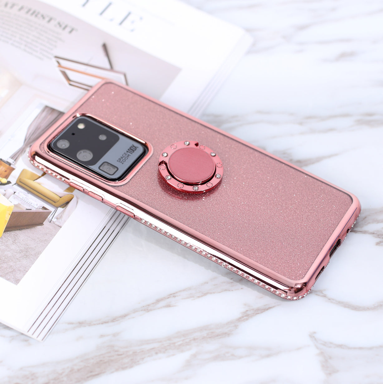 Flash Electroplating Rhinestone Decoration TPU+Metal Case for Samsung Galaxy S20 Ultra - Rose Gold