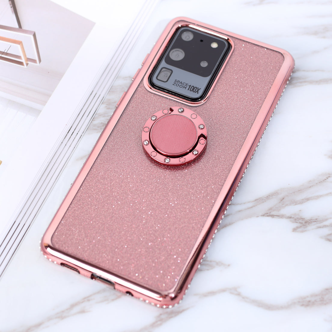 Flash Electroplating Rhinestone Decoration TPU+Metal Case for Samsung Galaxy S20 Ultra - Rose Gold