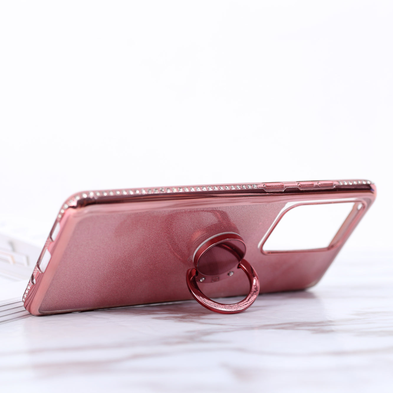 Flash Electroplating Rhinestone Decoration TPU+Metal Case for Samsung Galaxy S20 Ultra - Rose Gold