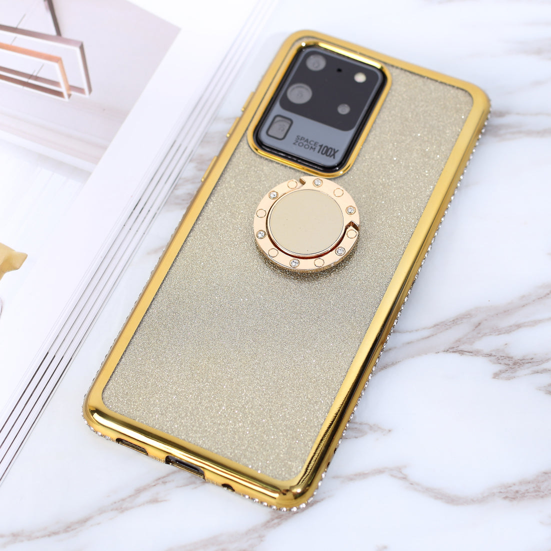 Flash Electroplating Rhinestone Decoration TPU+Metal Case for Samsung Galaxy S20 Ultra - Gold