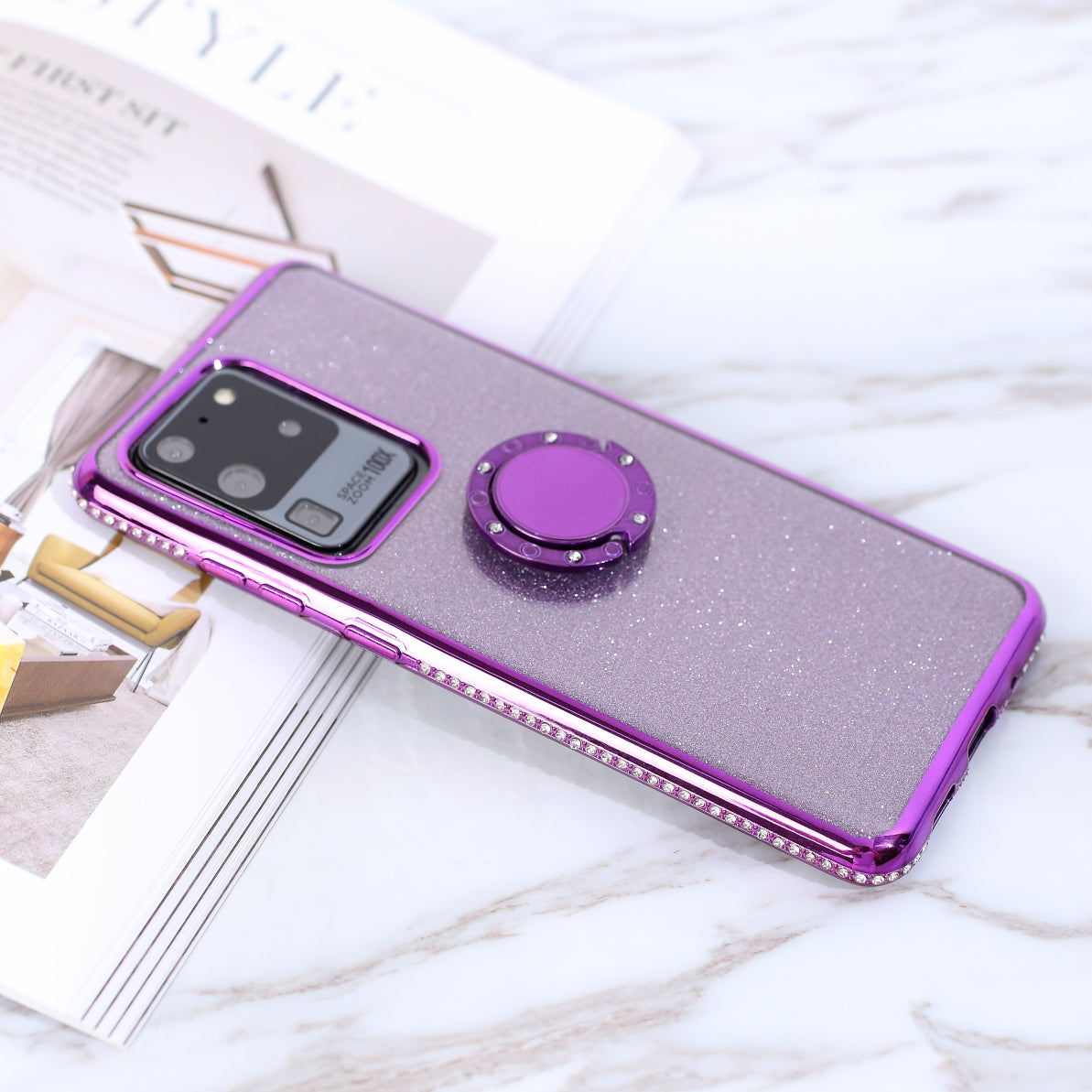 Flash Electroplating Rhinestone Decoration TPU+Metal Case for Samsung Galaxy S20 Ultra - Purple