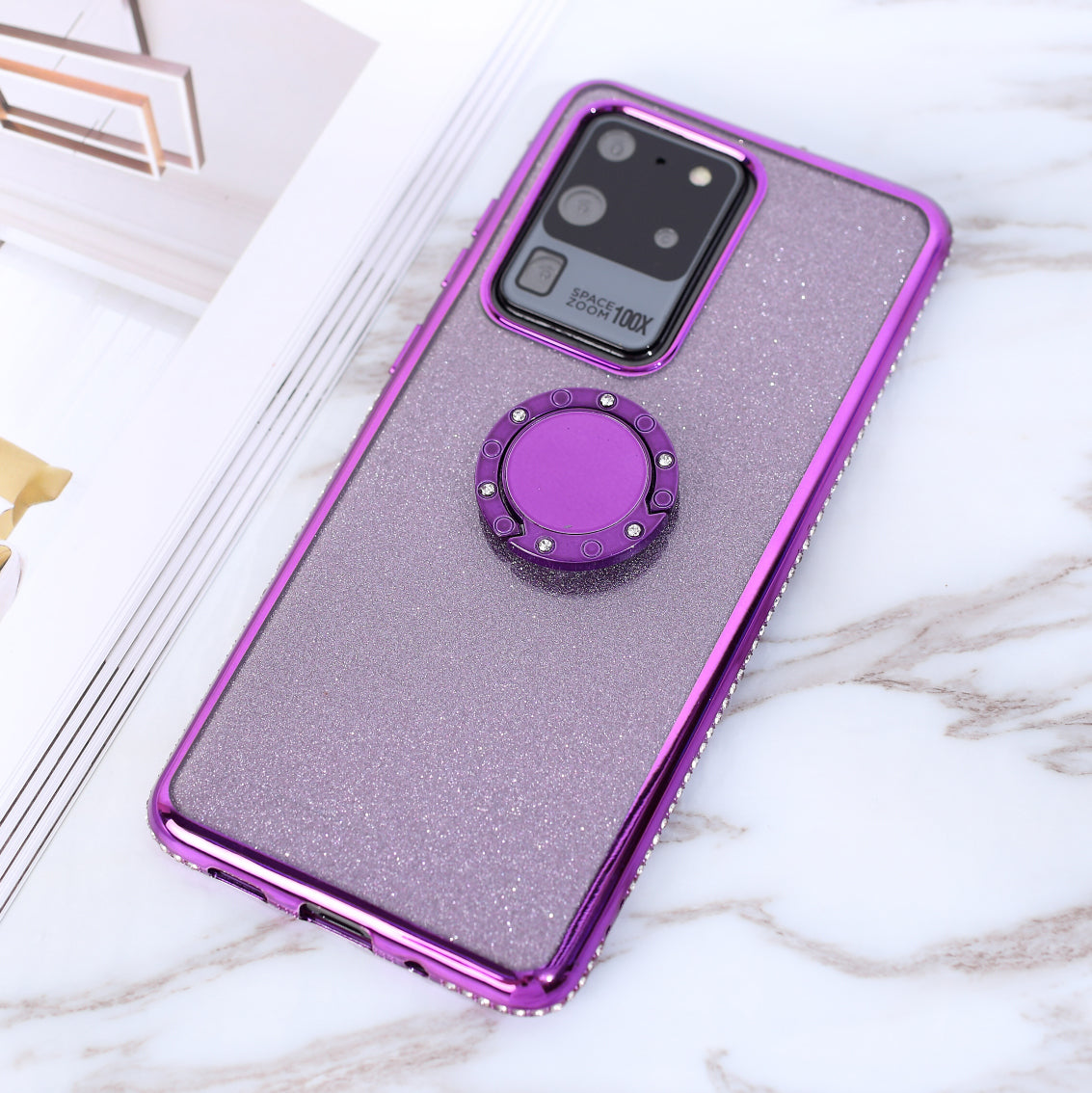 Flash Electroplating Rhinestone Decoration TPU+Metal Case for Samsung Galaxy S20 Ultra - Purple