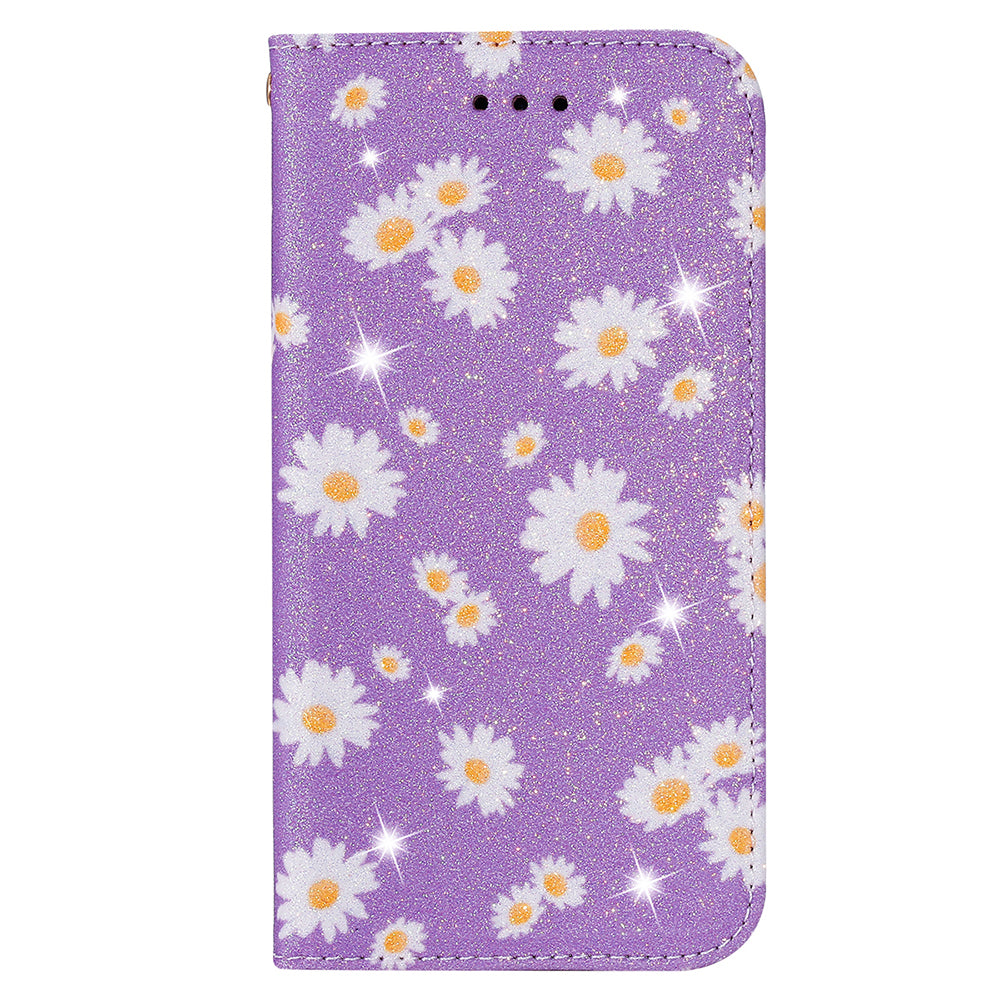 Daisy Pattern Flash Powder Stand Leather Cover Card Holder Shell for Samsung Galaxy S20 Ultra - Purple