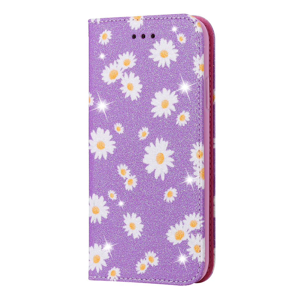 Daisy Pattern Flash Powder Stand Leather Cover Card Holder Shell for Samsung Galaxy S20 Ultra - Purple