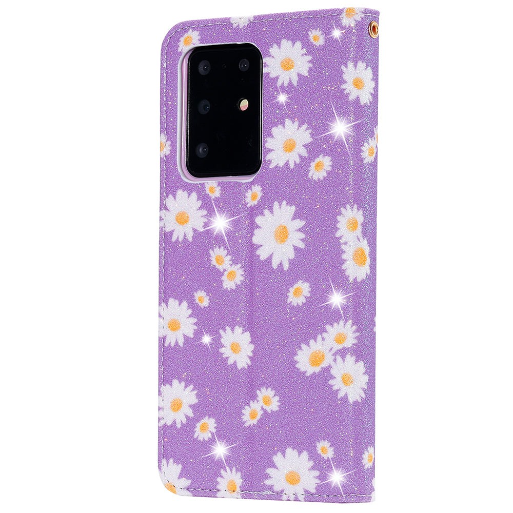 Daisy Pattern Flash Powder Stand Leather Cover Card Holder Shell for Samsung Galaxy S20 Ultra - Purple