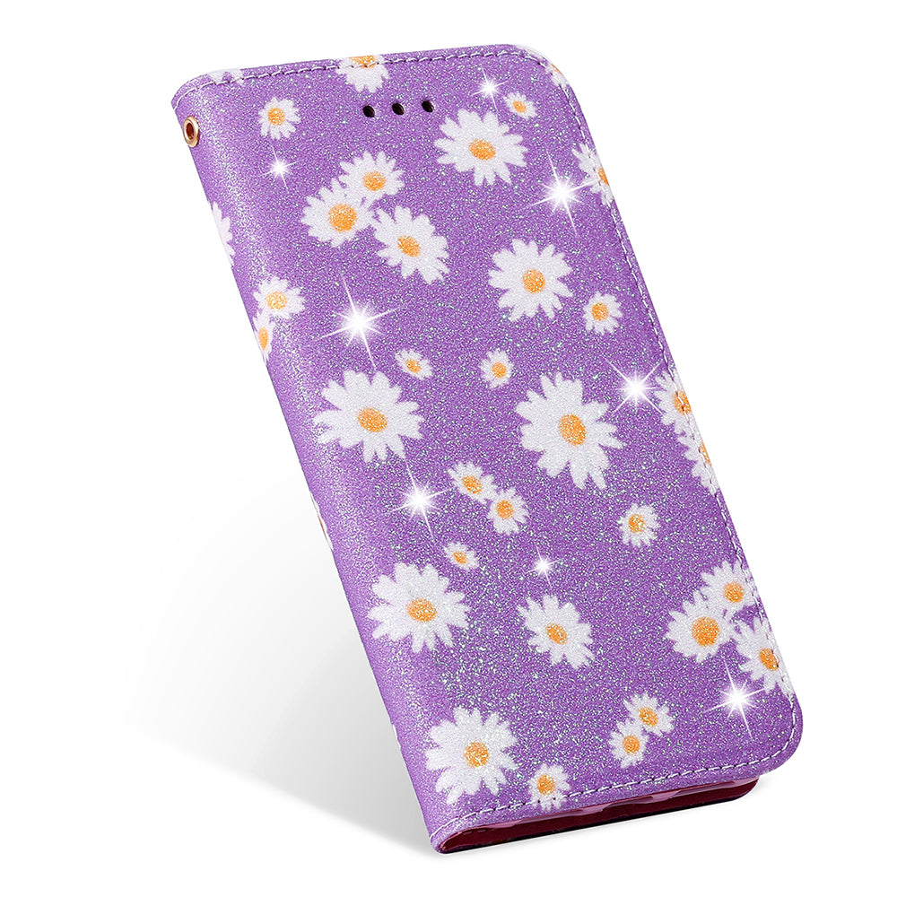 Daisy Pattern Flash Powder Stand Leather Cover Card Holder Shell for Samsung Galaxy S20 Ultra - Purple