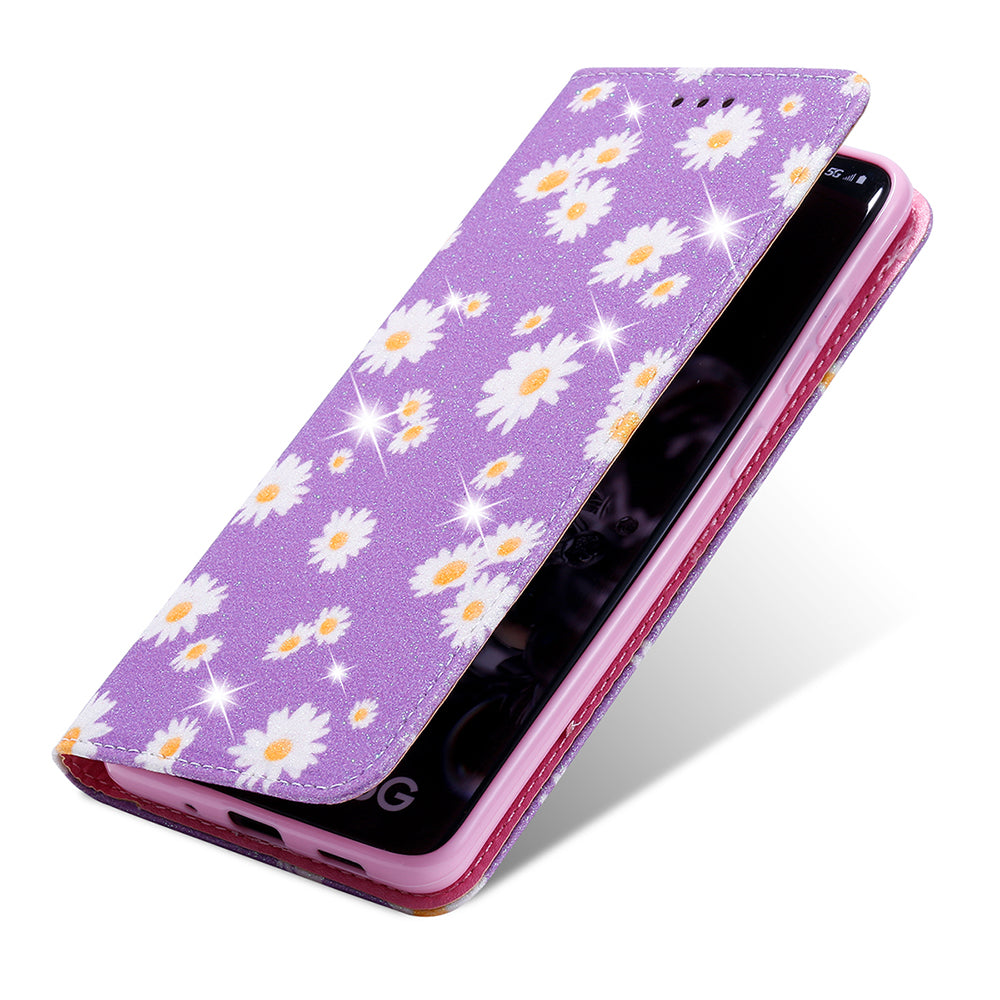 Daisy Pattern Flash Powder Stand Leather Cover Card Holder Shell for Samsung Galaxy S20 Ultra - Purple