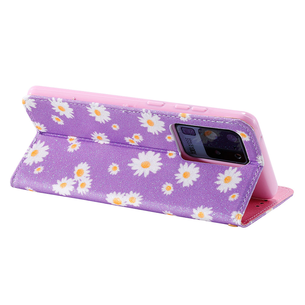 Daisy Pattern Flash Powder Stand Leather Cover Card Holder Shell for Samsung Galaxy S20 Ultra - Purple