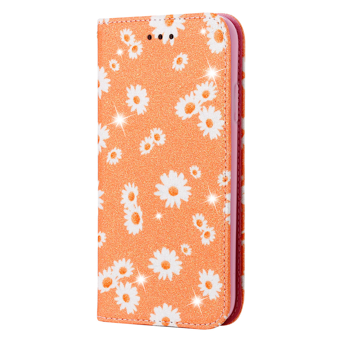 Daisy Pattern Flash Powder Stand Leather Cover Card Holder Shell for Samsung Galaxy S20 Ultra - Orange