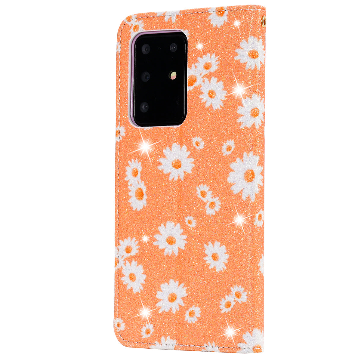 Daisy Pattern Flash Powder Stand Leather Cover Card Holder Shell for Samsung Galaxy S20 Ultra - Orange