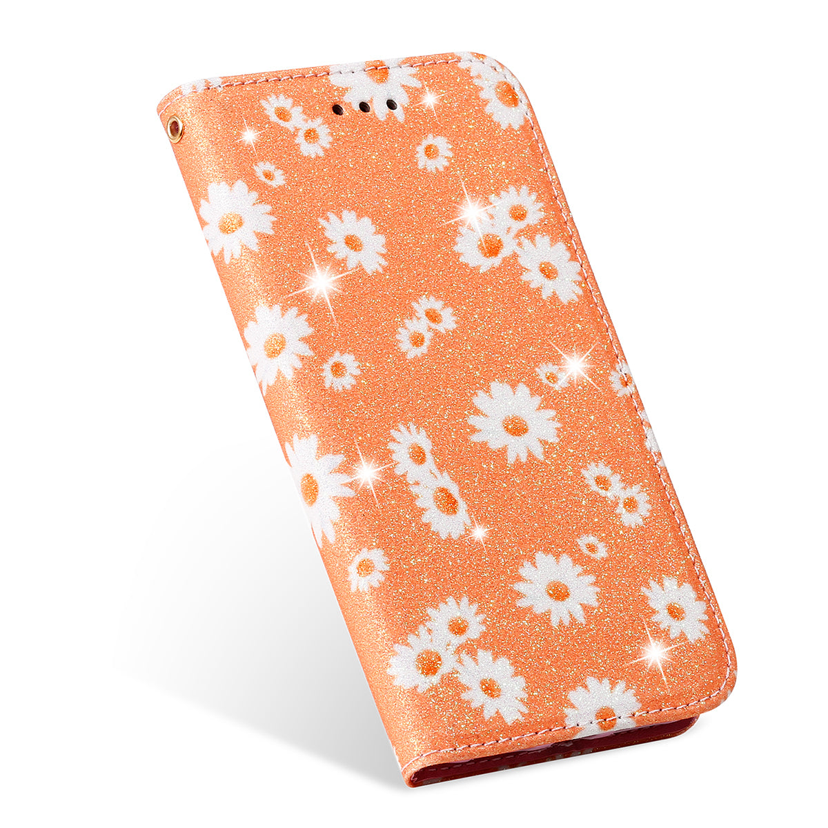 Daisy Pattern Flash Powder Stand Leather Cover Card Holder Shell for Samsung Galaxy S20 Ultra - Orange