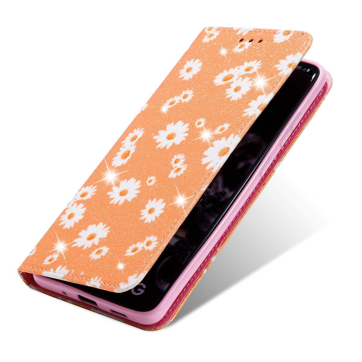 Daisy Pattern Flash Powder Stand Leather Cover Card Holder Shell for Samsung Galaxy S20 Ultra - Orange