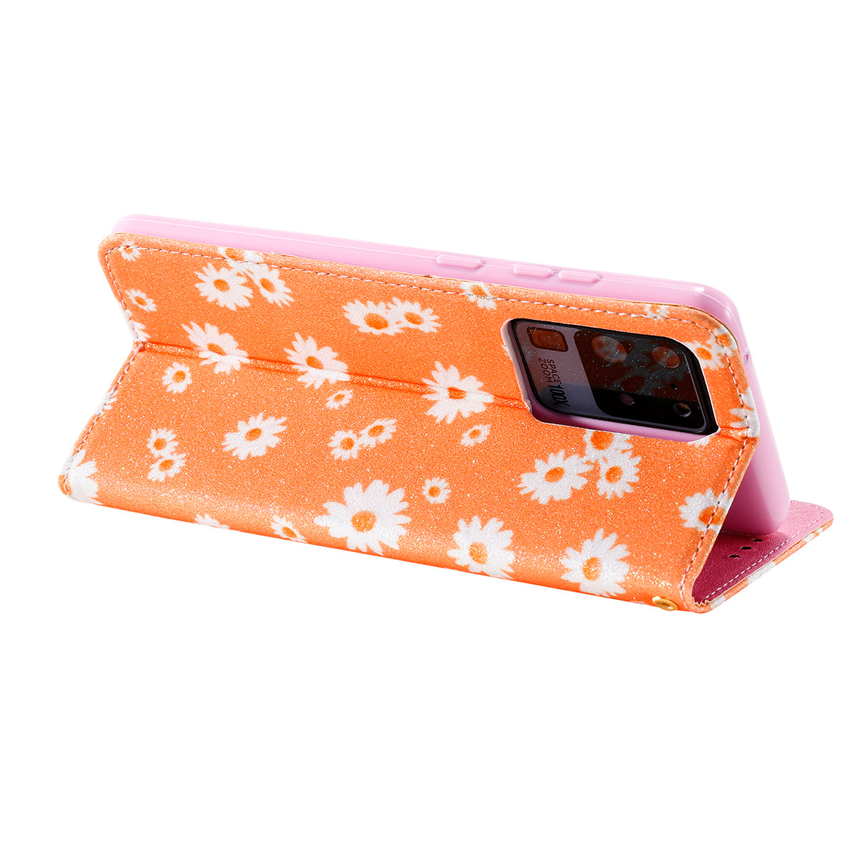 Daisy Pattern Flash Powder Stand Leather Cover Card Holder Shell for Samsung Galaxy S20 Ultra - Orange