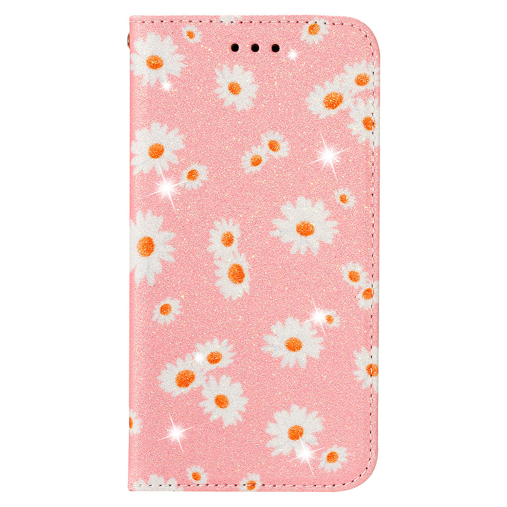 Daisy Pattern Flash Powder Stand Leather Cover Card Holder Shell for Samsung Galaxy S20 Ultra - Pink