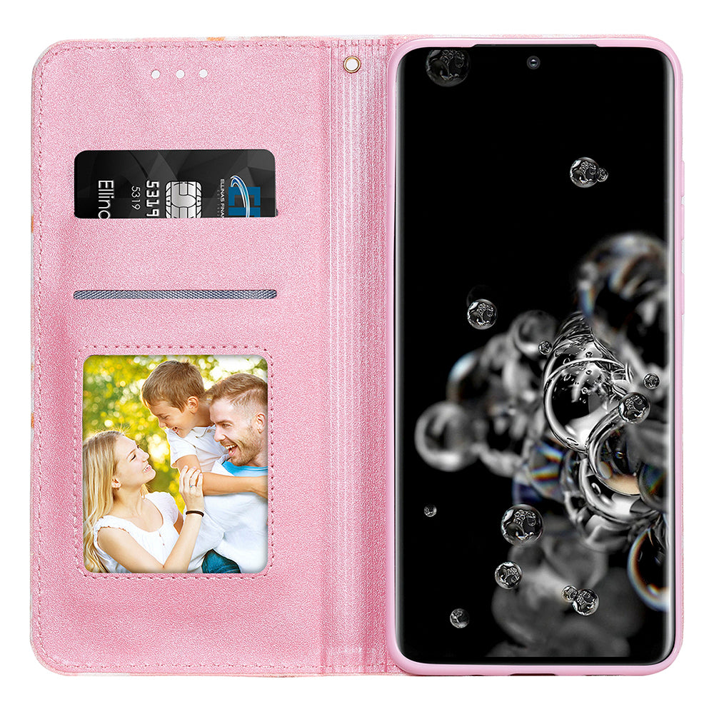 Daisy Pattern Flash Powder Stand Leather Cover Card Holder Shell for Samsung Galaxy S20 Ultra - Pink