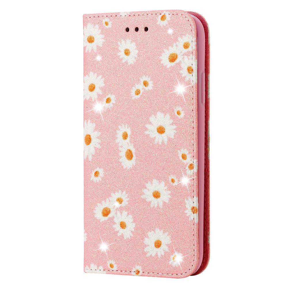 Daisy Pattern Flash Powder Stand Leather Cover Card Holder Shell for Samsung Galaxy S20 Ultra - Pink