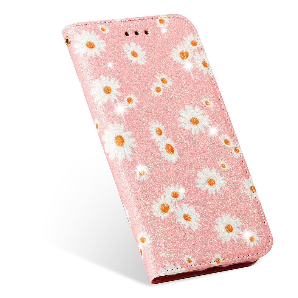 Daisy Pattern Flash Powder Stand Leather Cover Card Holder Shell for Samsung Galaxy S20 Ultra - Pink