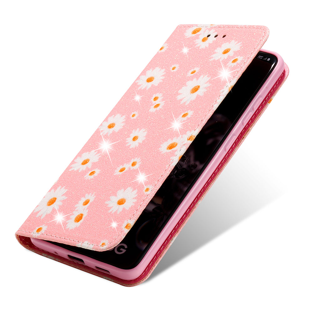 Daisy Pattern Flash Powder Stand Leather Cover Card Holder Shell for Samsung Galaxy S20 Ultra - Pink