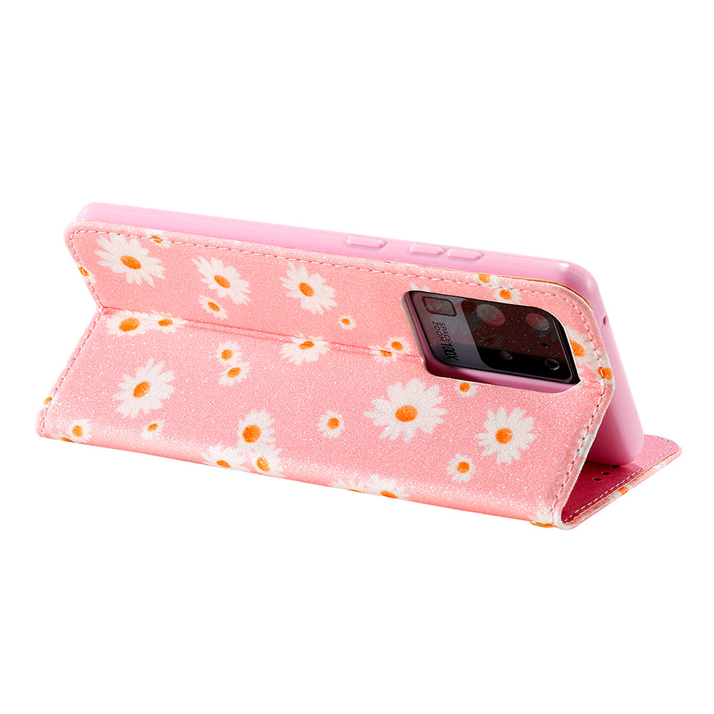 Daisy Pattern Flash Powder Stand Leather Cover Card Holder Shell for Samsung Galaxy S20 Ultra - Pink